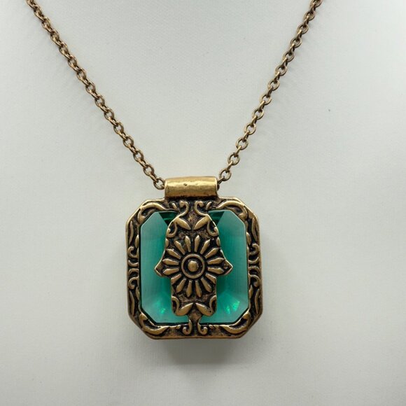 Green Hamsa Hand Pendant Necklace Antique Gold Tone Chain Lucky Brand - Picture 5 of 15